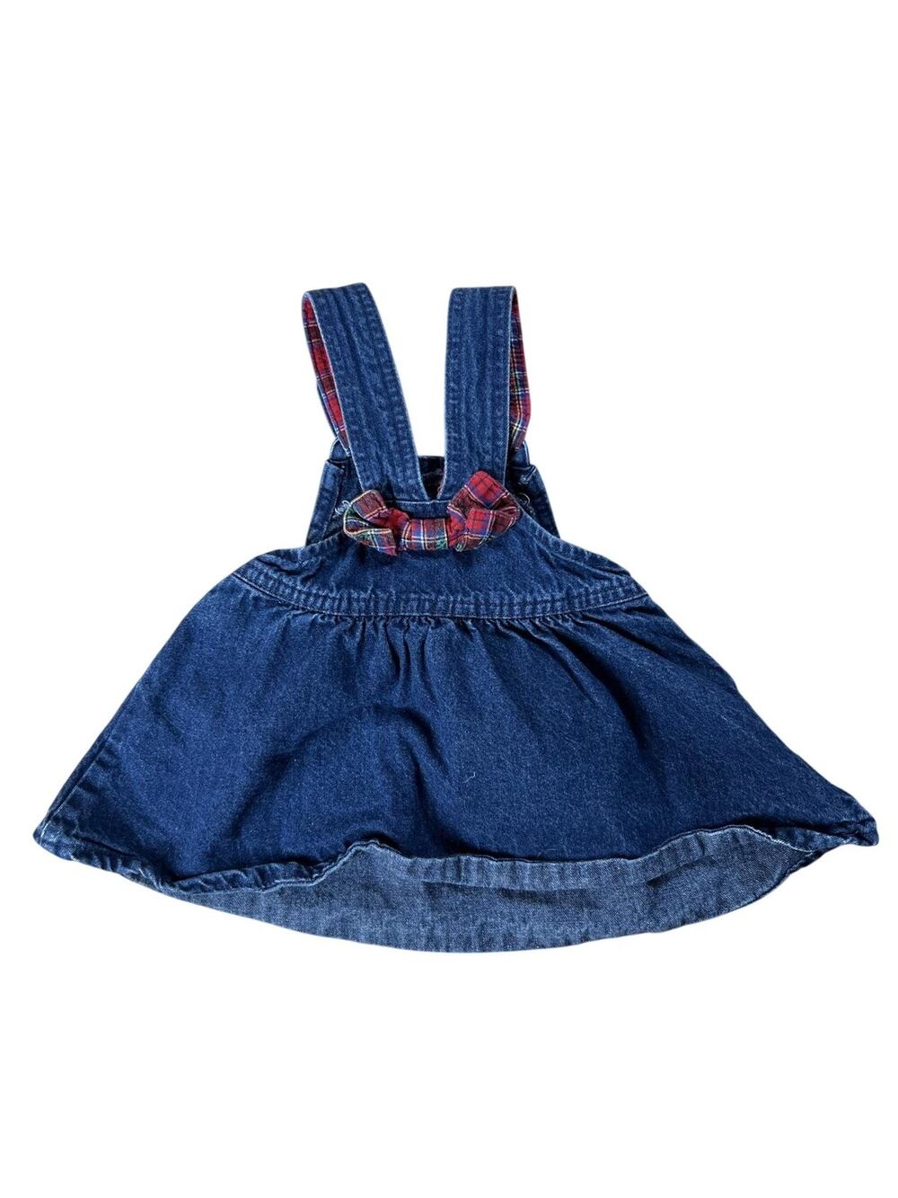 OshKosh B'gosh Overall Dress Girls 12 Blue Denim Square Neck Strappy Bow Casual